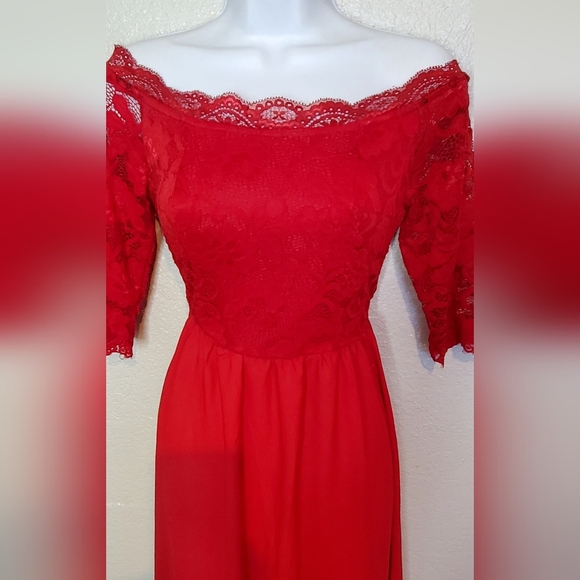 Elegant Red Lace Off-Shoulder Long Gown Maxi Dress Size Small - Picture 3 of 7